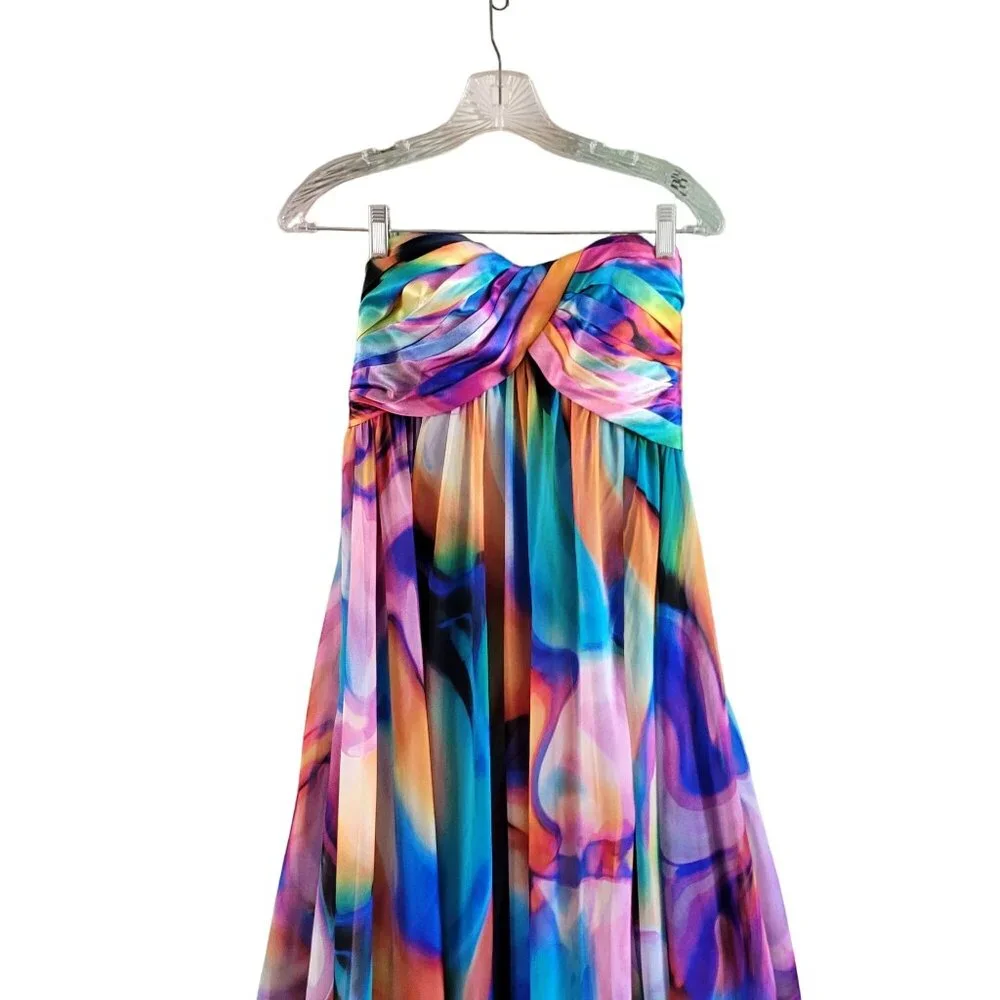 La Femme Paris Strapless Watercolor Rainbow Chiffon Gown - Picture 2 of 6
